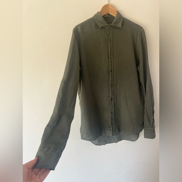 WOMO Dark Green Yarn-Dyed Linen Button Down Lightweight Long Sleeve Shirt Medium - Picture 3 of 8
